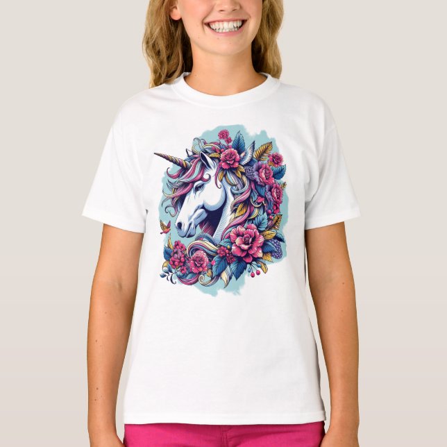 T-Shirt "Unicorn" with Flowers (Framsida)