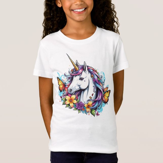 T-Shirt - Vackert Unicorn med fjäril, blomma (Framsida)