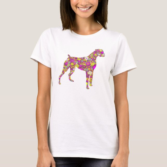 T-tröja för boxarehundsilhouette med blommamönster tee (Framsida)