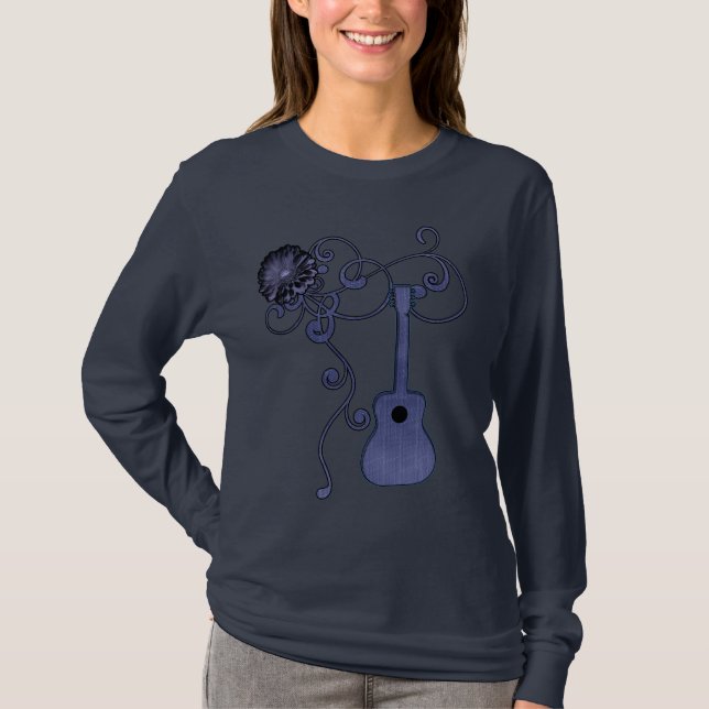 T-tröja för damer för blåttDenimgitarr Tee Shirt (Framsida)