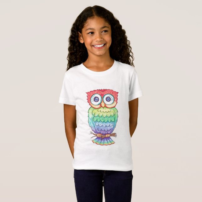 T-tröja för flickaregnbågeuggla tee shirt (Hel framsida)