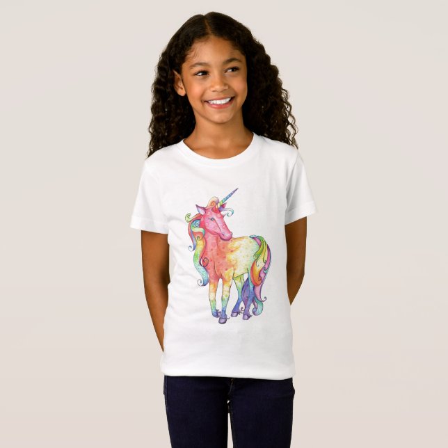 T-tröja för flickaregnbågeUnicorn T-shirt (Hel framsida)