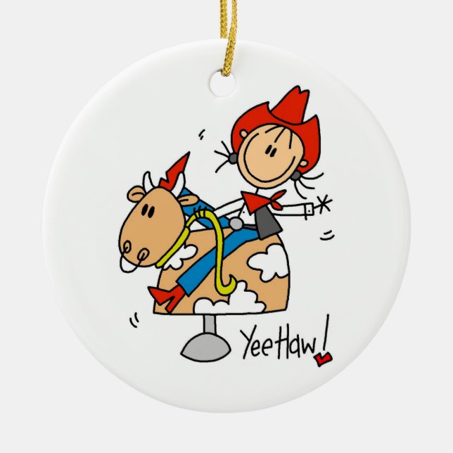 T-tröja och gåvor för stick figurCowgirlYee Haw Julgransprydnad Keramik (Framsidan)