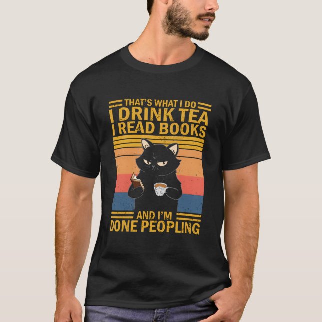 T W I Dricker Te Läser Böcker Katt Shirt (Framsida)