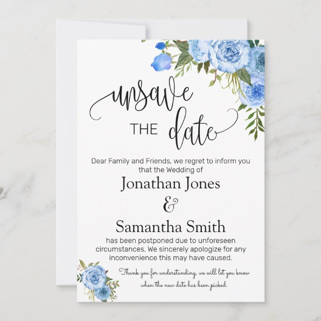 Ta bort data bröllop från datum Ändra blå blommigt Inbjudningar (Framsida)