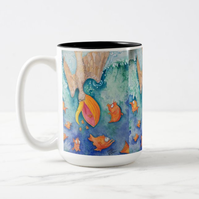 "Ta dykningen!", Pelikan- & fiskkonst Två-Tonad Mugg (Vänster)