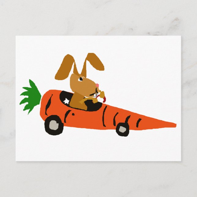 TA- Funny Bunny Rabbit Driving Carrot Car Tecknad Vykort (Framsida)