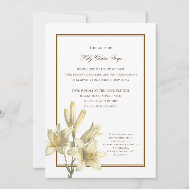 Ta Lilies Bereavement Tackkort Inbjudningar (Framsida)