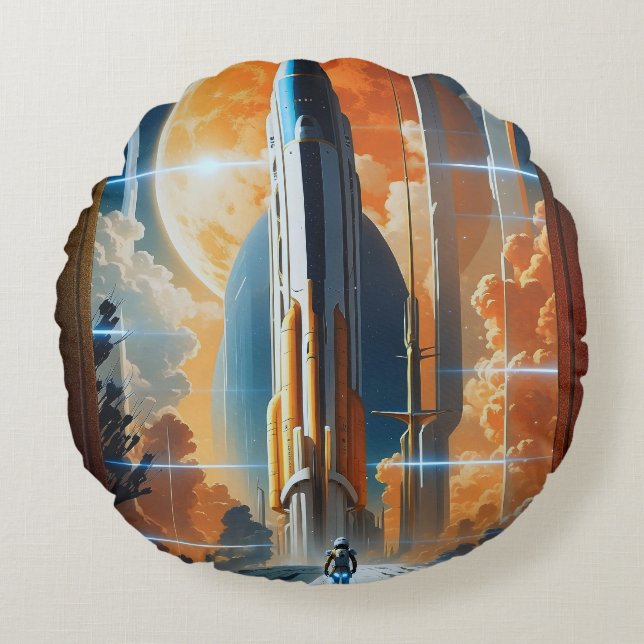 Ta Lunar Launch - resa till Måne Retro Poster Rund Kudde (Framsidan)