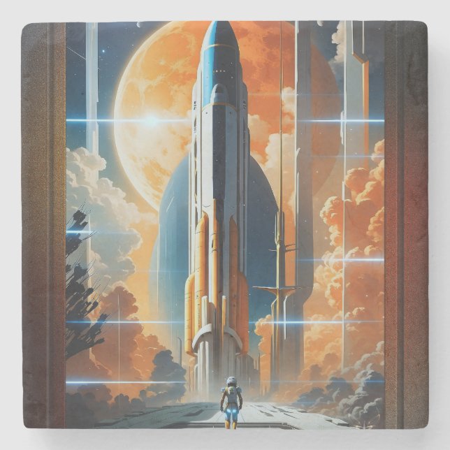 Ta Lunar Launch - resa till Måne Retro Poster Stenunderlägg (Framsidan)