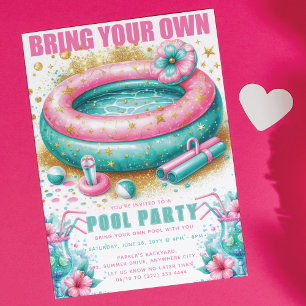 Ta med din egen poolfest rosa turkos glitter inbjudningar