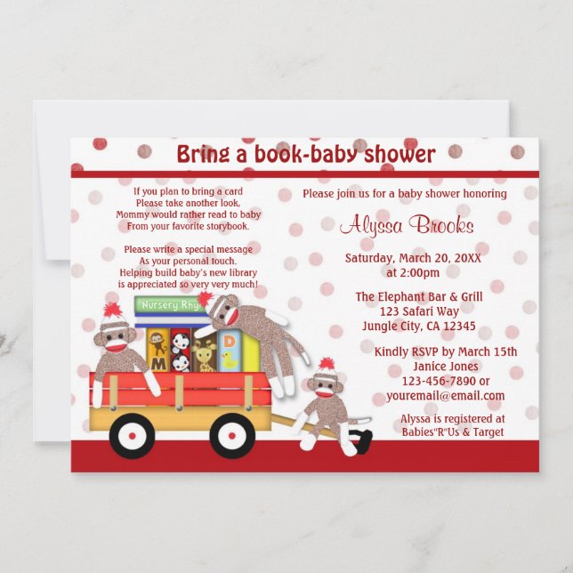 Ta med en bok bebis shower inbjudan sock monkey (Framsida)