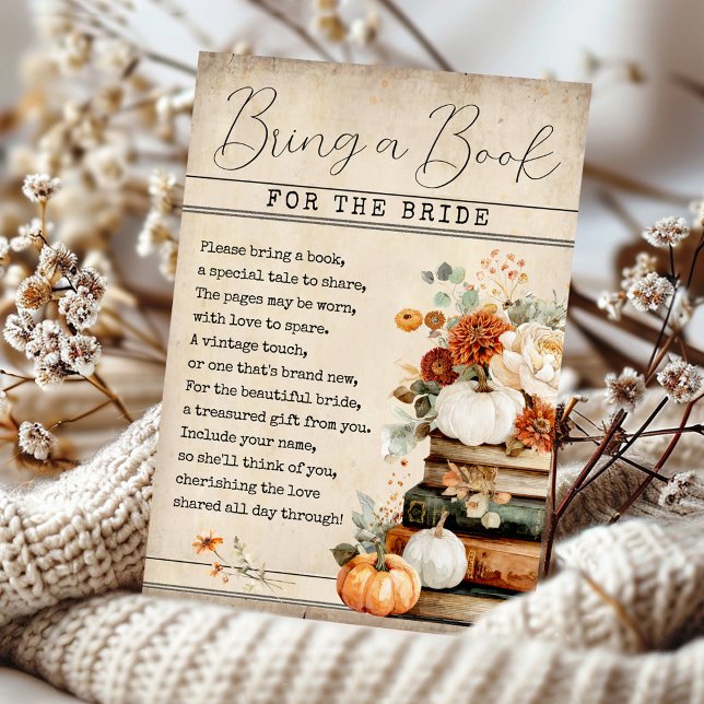 Ta med en bok för bruden Höst bröllopsdusch Tilläggskort (Watercolor fall floral vintage books bookish theme bring a book for the bride bridal shower insert)