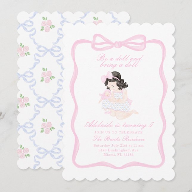 Ta med en Doll Birthday Preppy GrandMillennium Inbjudningar (Fram/baksida)