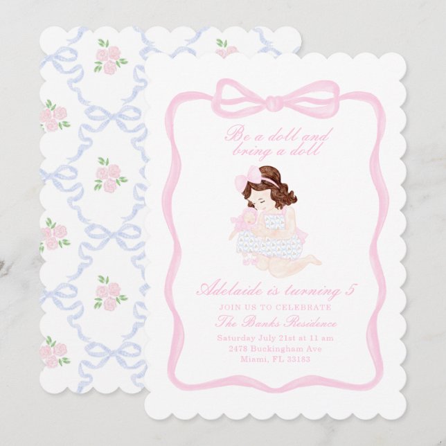 Ta med en Doll Birthday Preppy GrandMillennium Inbjudningar (Fram/baksida)