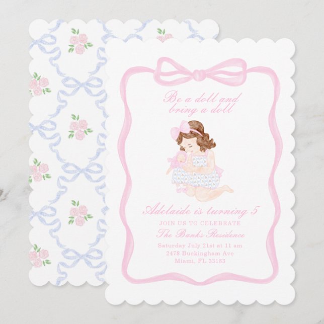 Ta med en Doll Birthday Preppy GrandMillennium Inbjudningar (Fram/baksida)