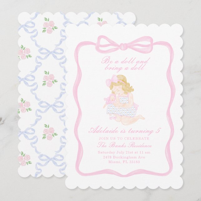 Ta med en Doll Birthday Preppy GrandMillennium Inbjudningar (Fram/baksida)