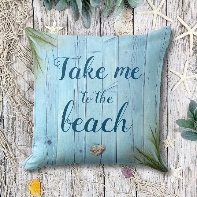 Ta mig till Beach Light Blue Coastal Rustic Wood Kudde (Skapare uppladdad)