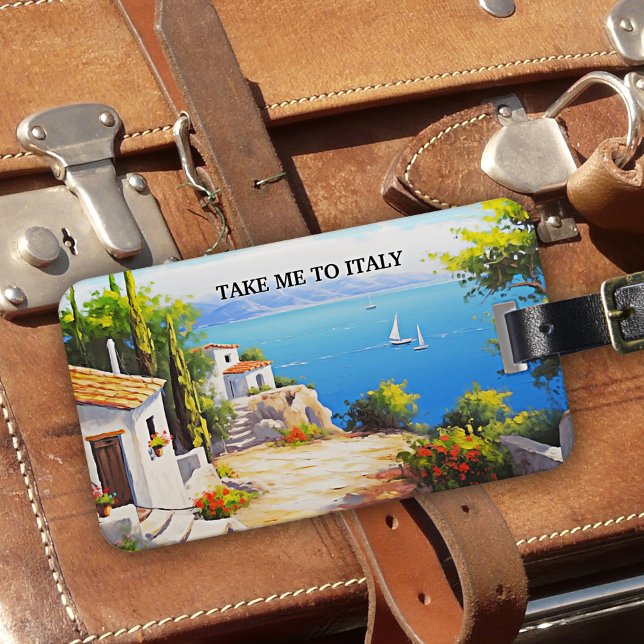 Ta mig till Italien Finkonst Bagagebricka (Luggage tag with a modern art painting showing a coastal Italian landscape on a beautiful sunny day)