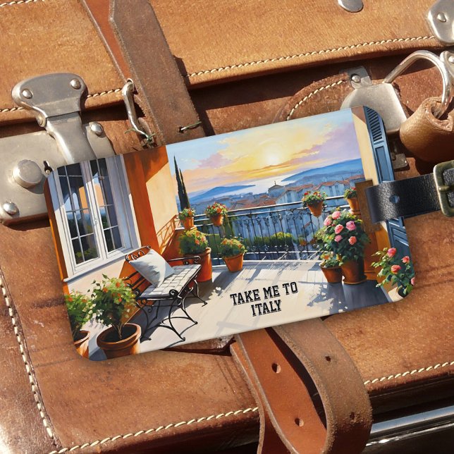 Ta mig till italienskt landskapsutsikt vid solnedg bagagebricka (Luggage tag with a fine art painting showing a sunset landscape as seen from an Italian balcony)