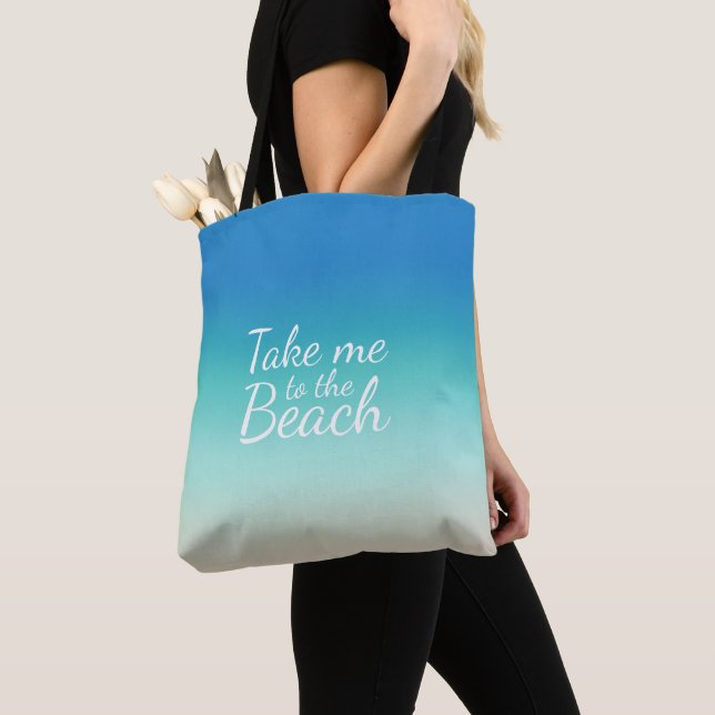 "Ta mig till stranden" Modern blå ombré  Tygkasse (Närbild)