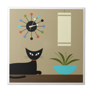 Tabbletop Cat med Boll Clock Kakelplatta