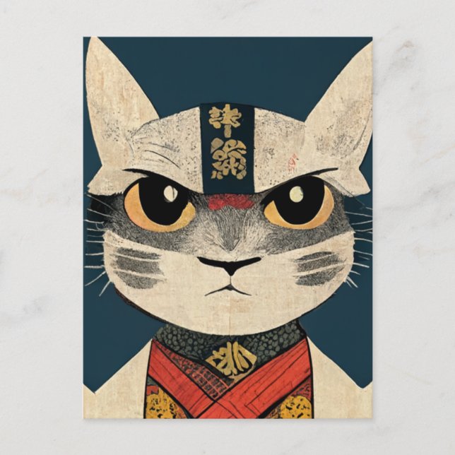 Tabby Cat as Nobunaga Oga in Japanese  Wood Wall A Vykort (Framsida)