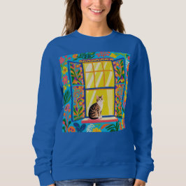 Tabby Cat at Sunny Window T-Shirt | Colorful Flora