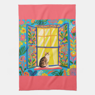 Tabby Cat at Sunny Window T Towel | Colorful Flora Kökshandduk