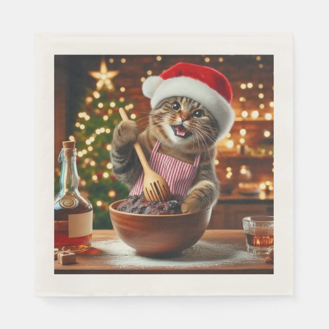 Tabby cat baking boozy christmas pudding  pappersservett (Framsidan)