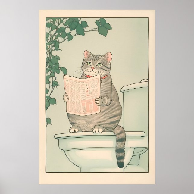 Tabby Cat Bathroom Print Funny Japanese Ukiyo-e Poster (Framsidan)