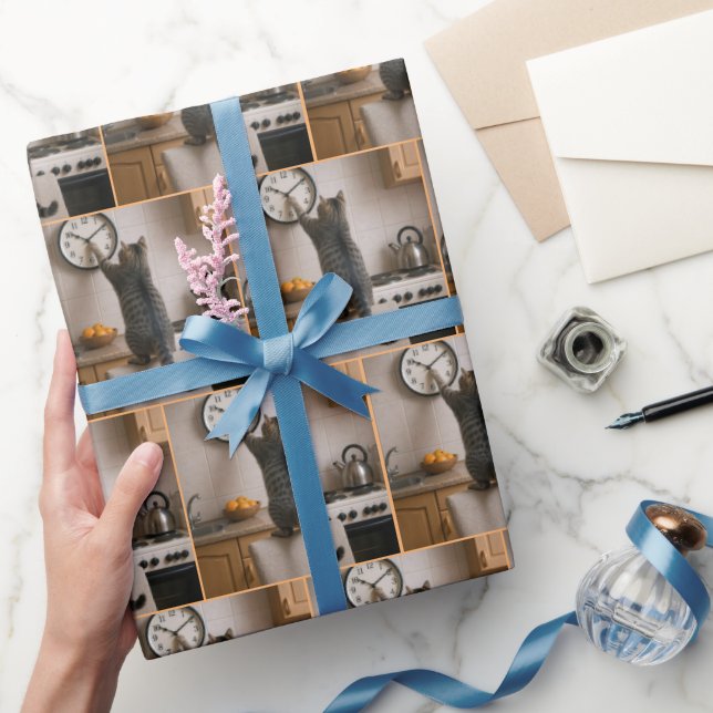 Tabby Cat Changing the Time On a Clock Presentpapper (Gifting)