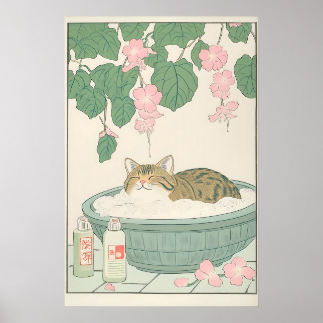 Tabby Cat in Bathtub Art Print Japanese Bathroom Poster (Framsidan)