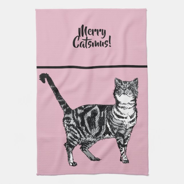 Tabby Cat Merry Catsmus Pink Christmas Cats Kökshandduk (Vertikal)