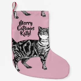 Tabby Cat Merry Catsmus Pink Christmas Stocking Liten Julstrumpa