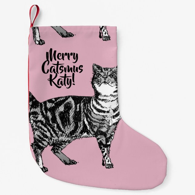 Tabby Cat Merry Catsmus Pink Christmas Stocking Liten Julstrumpa (Framsidan)