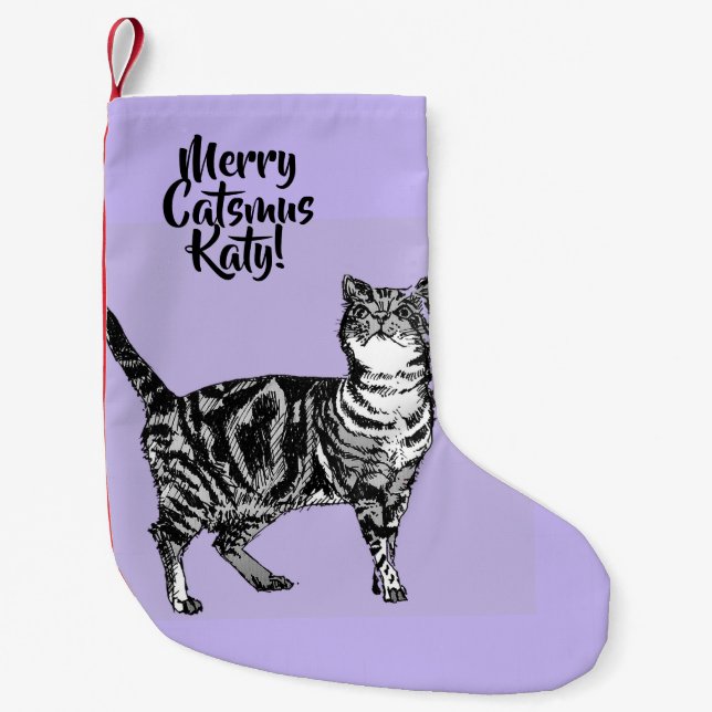 Tabby Cat Merry Catsmus Purple Christmas Stocking Liten Julstrumpa (Framsidan)