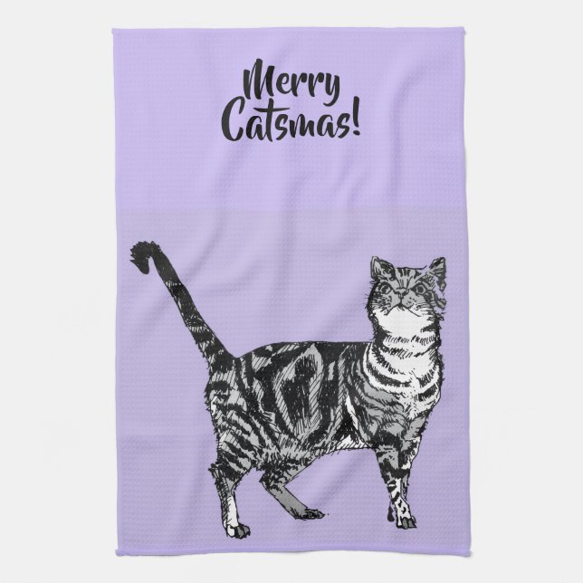 Tabby Cat Merry Christmas Purple Lavender Pastel Kökshandduk (Vertikal)