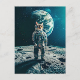 Tabby cat on moon with Earth behind Helg Vykort