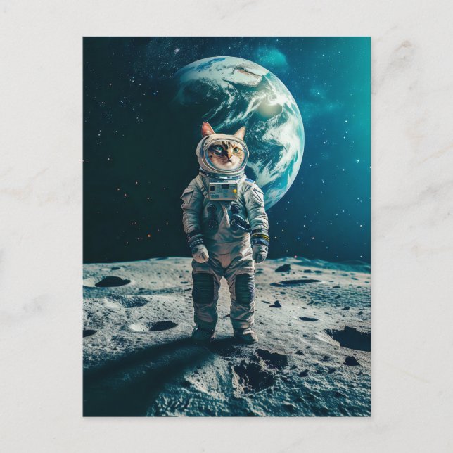 Tabby cat on moon with Earth behind Helg Vykort (Framsida)