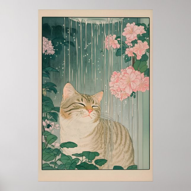 Tabby Cat Shower Print Ukiyo-e Botanical Bathroom Poster (Framsidan)