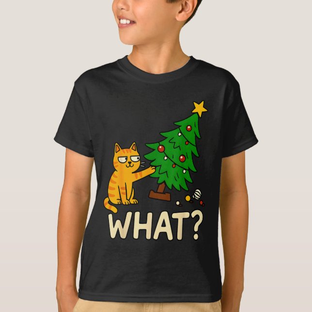 Tabby Cat Xmas Cat Pushing Christmas Tree Over Cat T Shirt (Framsida)
