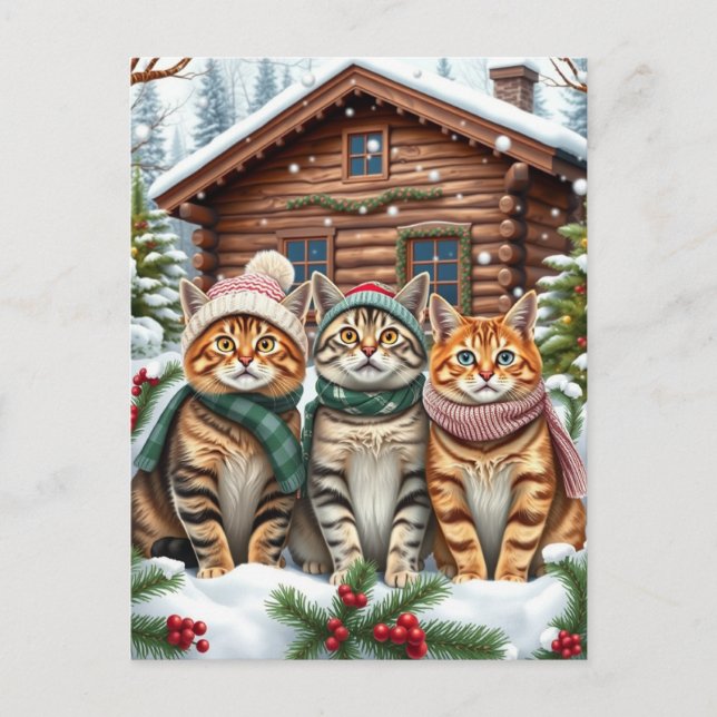Tabby Cats in Preppy Winter Attire and Hat Winter Helg Vykort (Framsida)