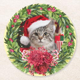 Tabby Christmas Wreath Coaster Underlägg Papper Rund