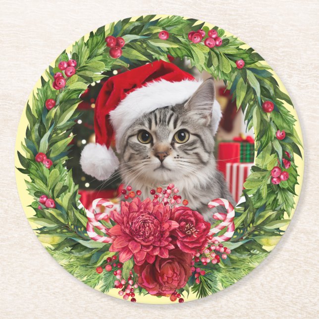 Tabby Christmas Wreath Coaster Underlägg Papper Rund (Framsidan)
