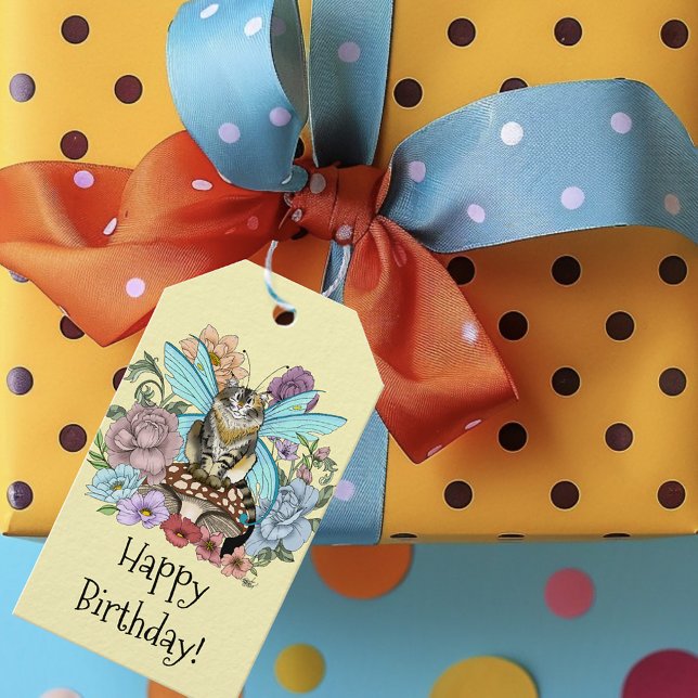 Tabby Fairy Cat Mushroom Blommigt Presentetikett (Skapare uppladdad)