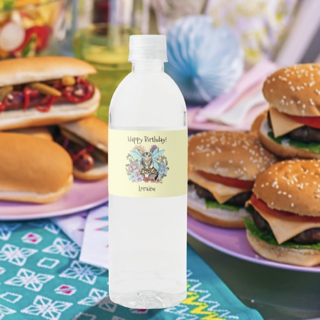 Tabby Fairy cat Mushroom Blommigt Vattenflaskor Etikett (Skapare uppladdad)