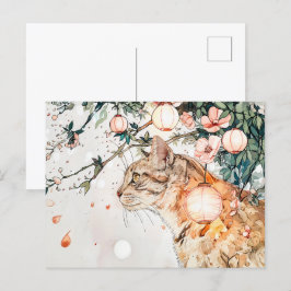 Tabby Geisha Cat between Glowing Lanterns in Chine Vykort