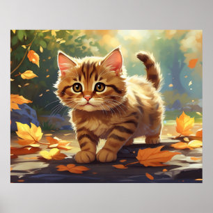 *~* Tabby Höst löv Kitten 5:4 Kattunge AP68 Poster