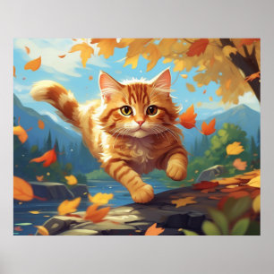 *~* Tabby Jump Höst löv Kitten 5:4 Kat AP68 Poster